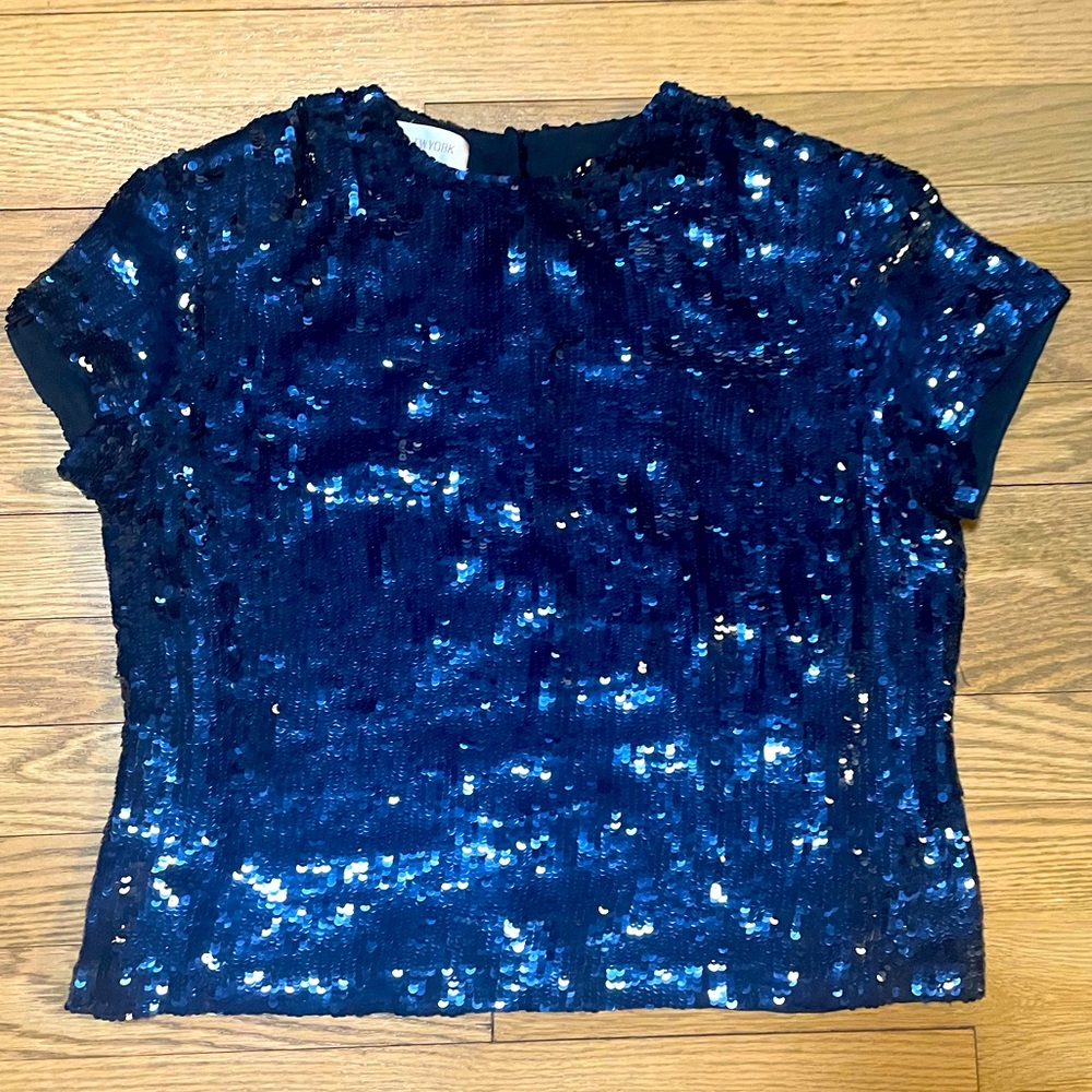 JONES NEW YORK Blue Sequin Short Sleeve Party Going Out Dress